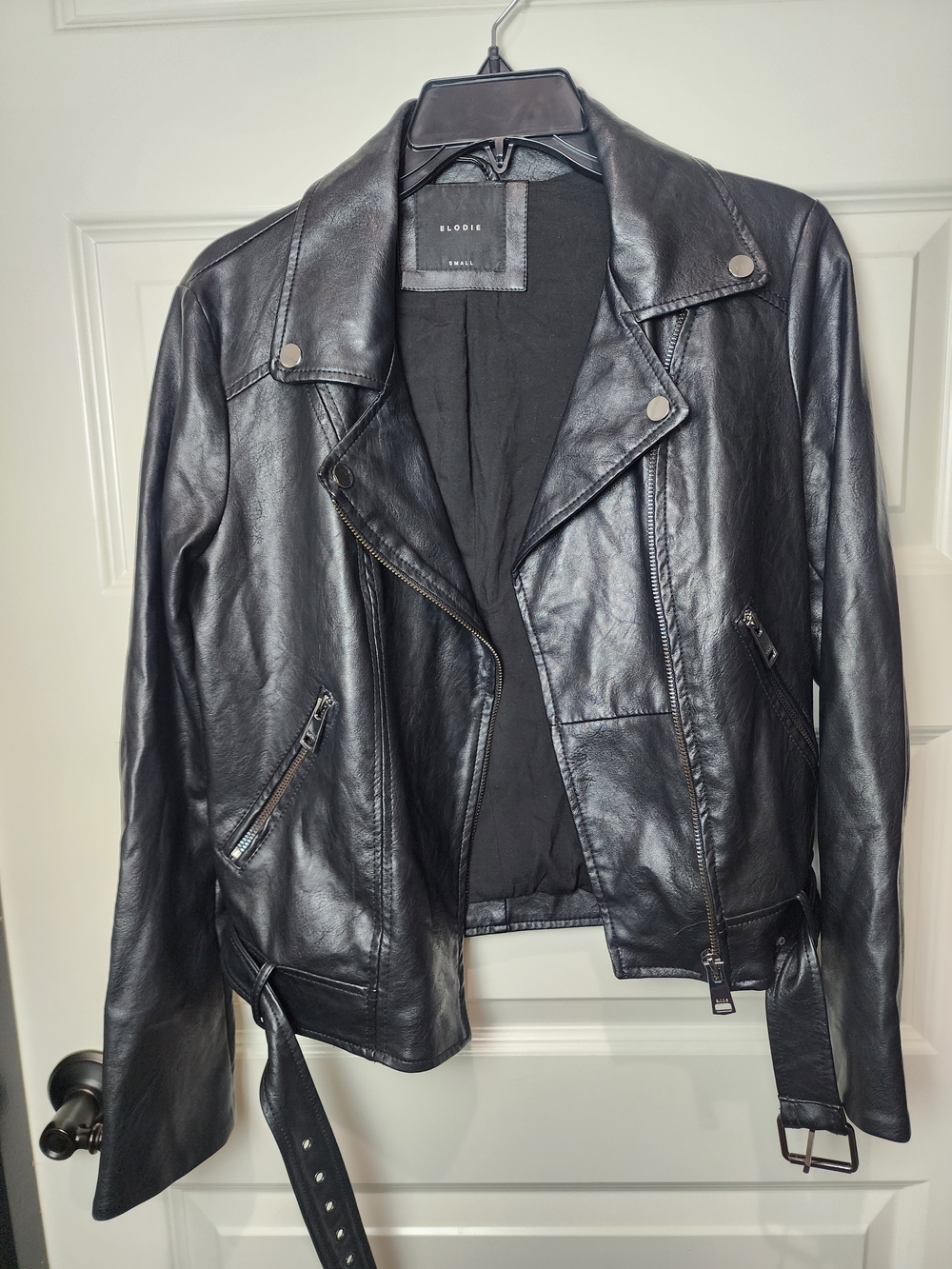 ELODIE Black Faux Leather Moto Jacket with Belt & Branded Zippers – Size Small